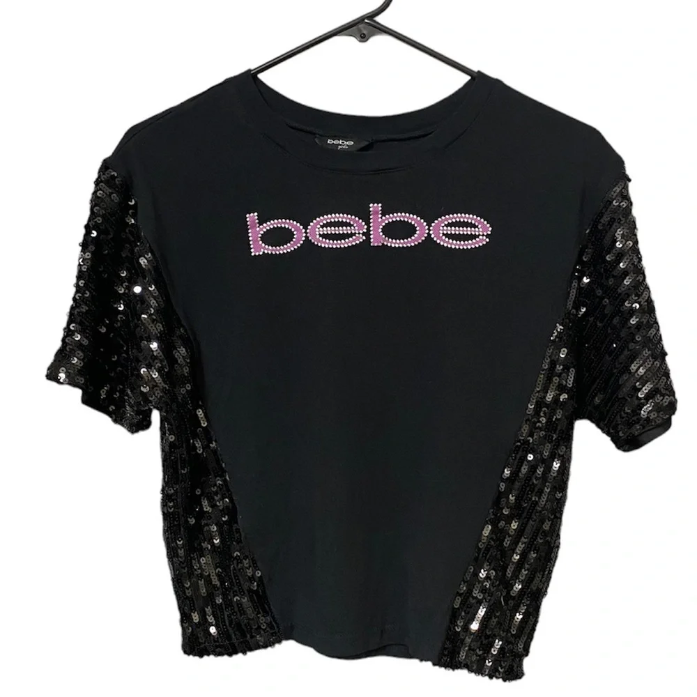 bebe Girls - Black & Sequin Logo Top - Short Sleeve Shirt - Size 14 Large